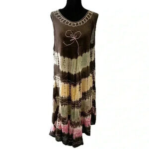 Summer Dress A-Line Midi Length Tunic Umbrella Sundress Brown Pink Green Medium